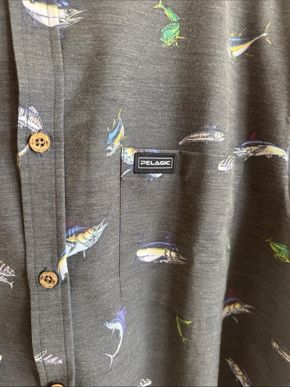 Pelagic Short-Sleeve Button-Down Shirt with Multicolor Fish Print - Picture 2 of 7